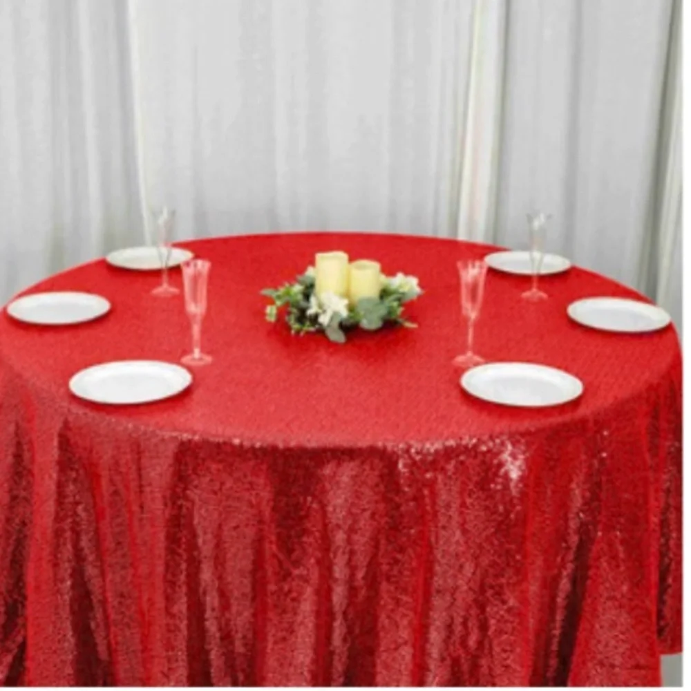 Elegant Red Sequin‎ 120” Round Tablecloth Seamless Glittering Table Cover